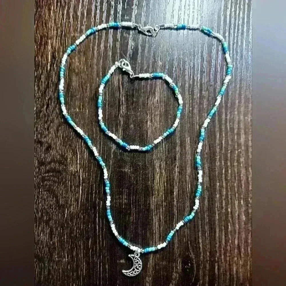 Beaded moon necklace and bracelet set
